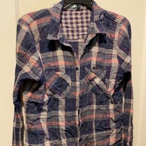 Maurices distressed purple plaid button down.